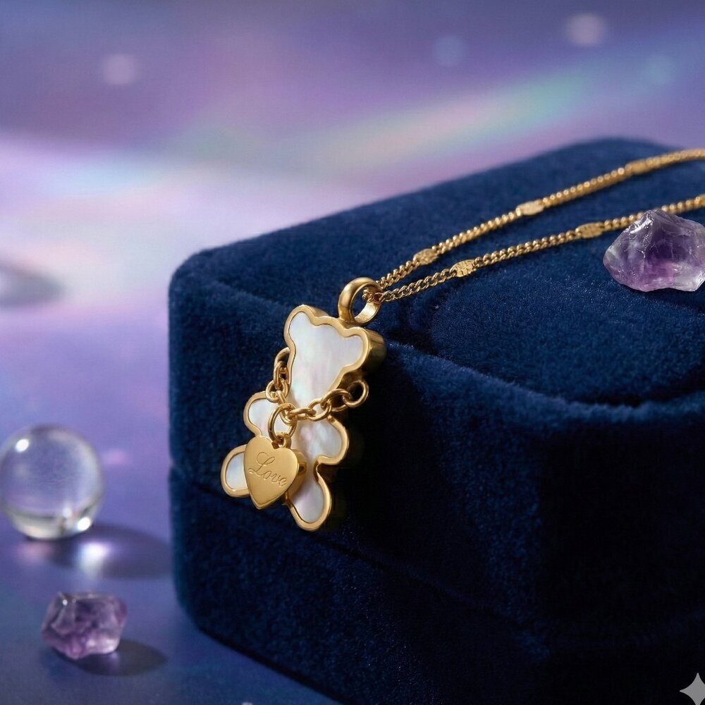 18K Gold Plated SS Shell Teddy Bear Necklace Love Heart Coquette Balletcore 16in - Picture 9 of 17
